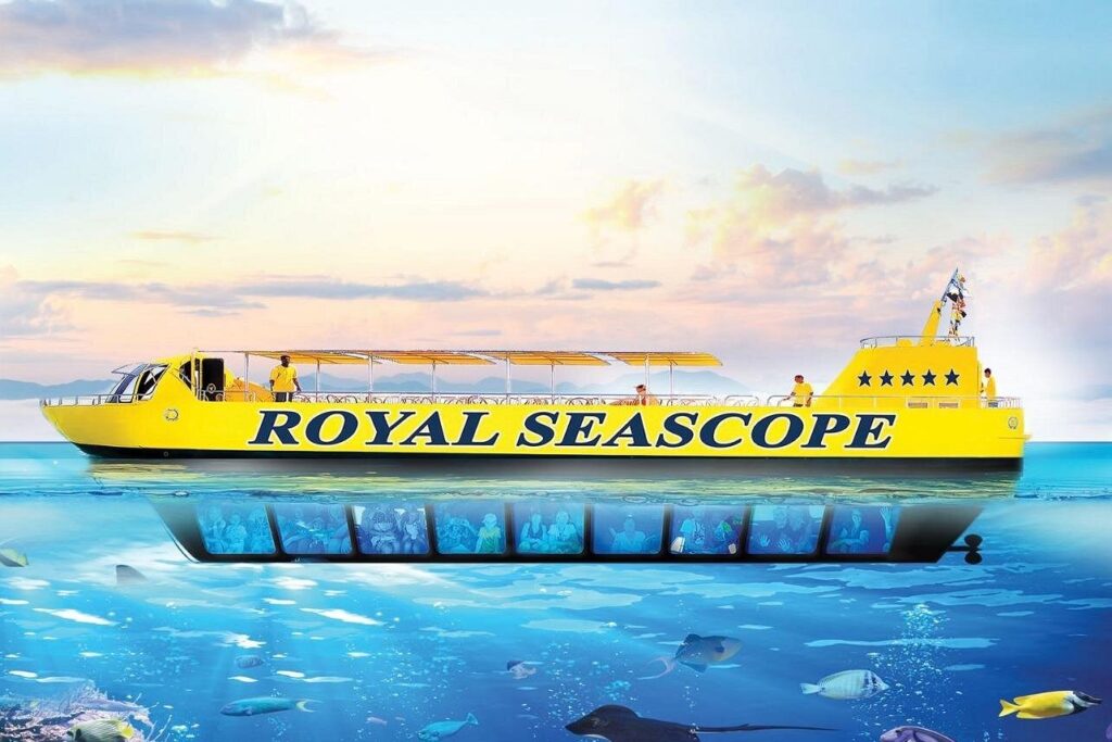 Ilustração do semissubmarino amarelo Royal Seascope com janelas subaquáticas