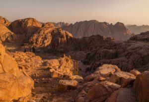 View from Mount Sinai at sunrise. Beautiful mountain landscape in Egypt