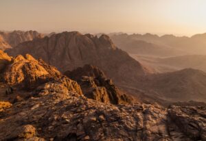 View from Mount Sinai at sunrise. Beautiful mountain landscape in Egypt