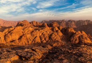 View from Mount Sinai at sunrise. Beautiful mountain landscape in Egypt