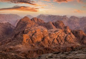 View from Mount Sinai at sunrise. Beautiful mountain landscape in Egypt