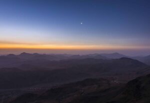 View from Mount Sinai at sunrise. Beautiful mountain landscape in Egypt