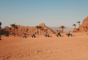 ATV in desert. Mountains, desert and palms