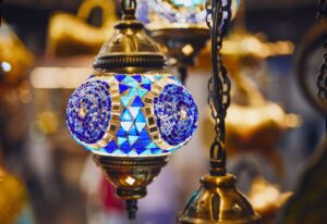 Close-up view traditional lamps for sale at souq in Muscat, Sultanate of Oman.