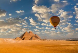 Sunset view of Pyramid complex of Giza, in Cairo, Egypt