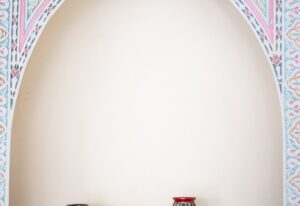 Antique beautiful Egyptian jugs in the museum copy space.