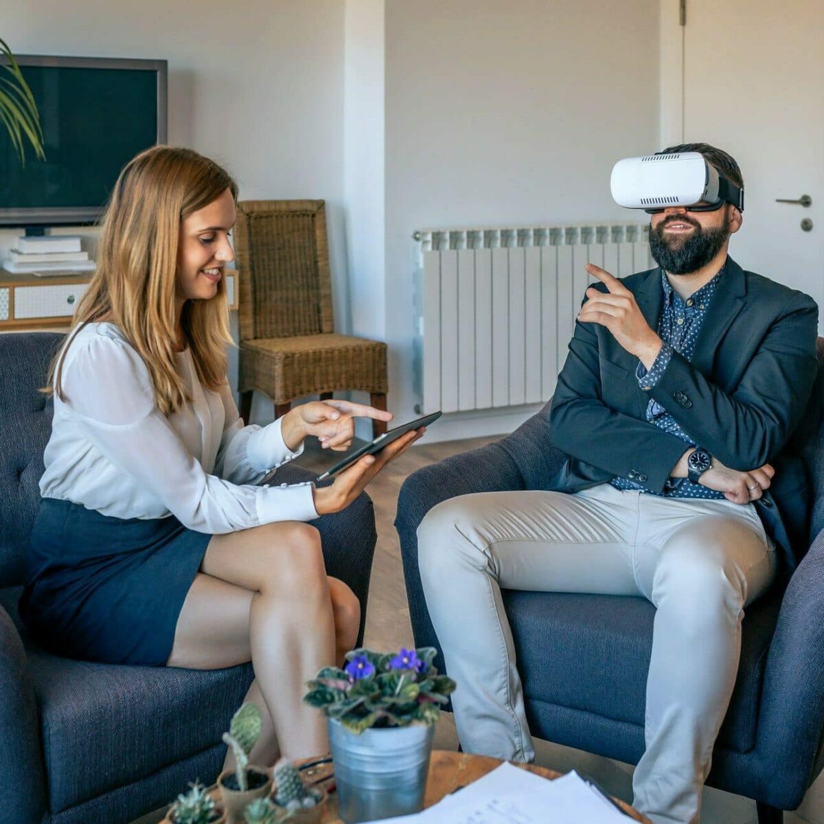 Businessman using virtual reality glasses