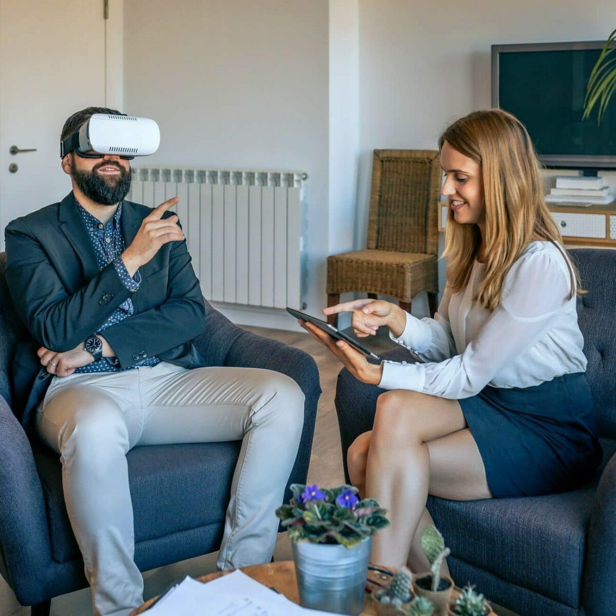 Businessman using virtual reality glasses