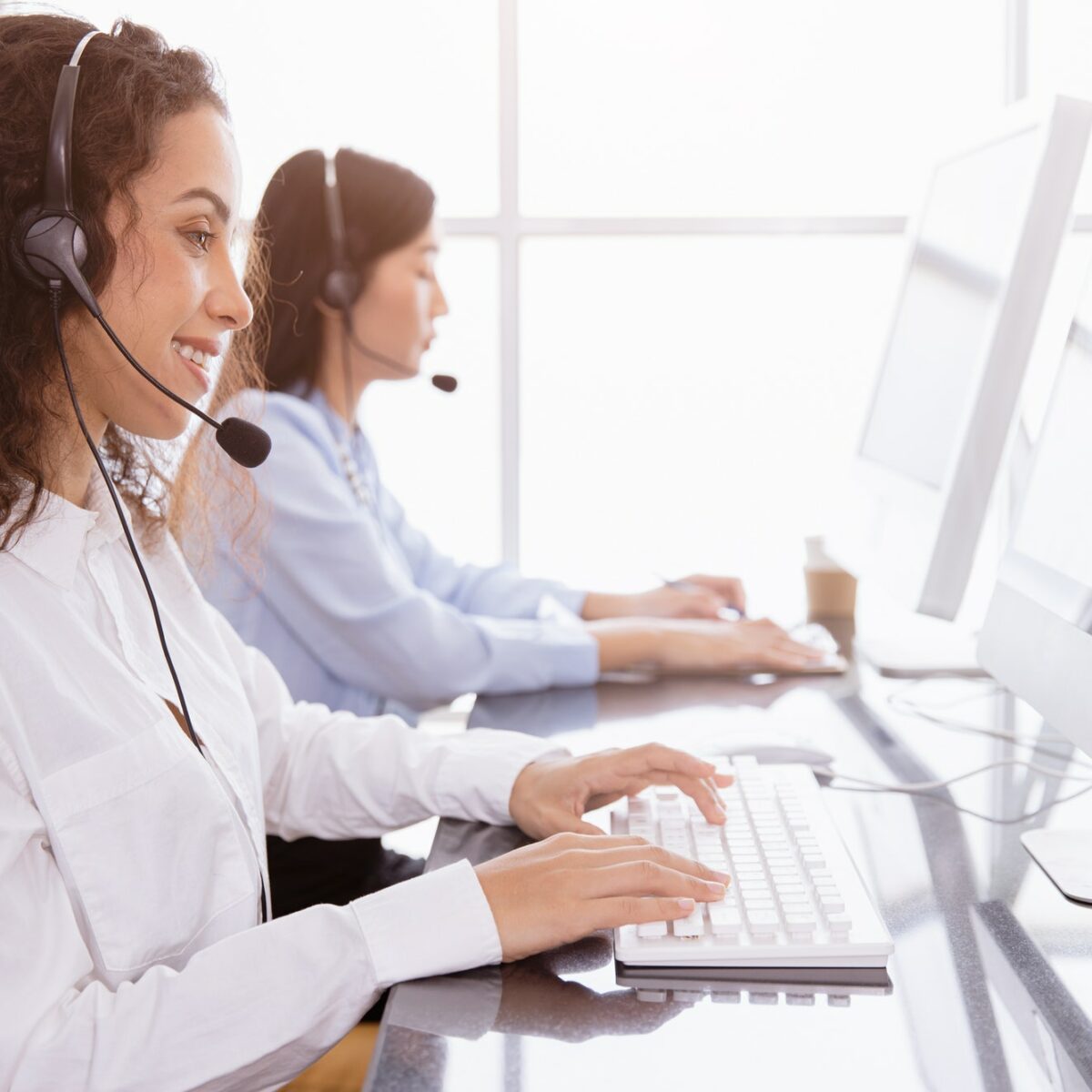 Callcenter people working calling for helpdesk hotline or Telesale agent, Customer support happy