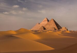 Sunset view of Pyramid complex of Giza, in Cairo, Egypt