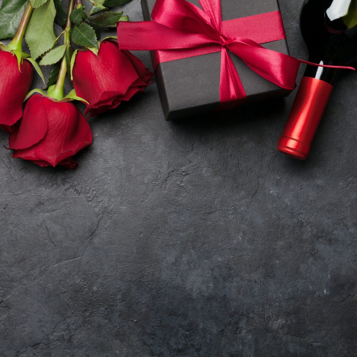Valentines day card with wine and flowers