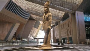 Monumental pharaoh statue inside the Grand Egyptian Museum